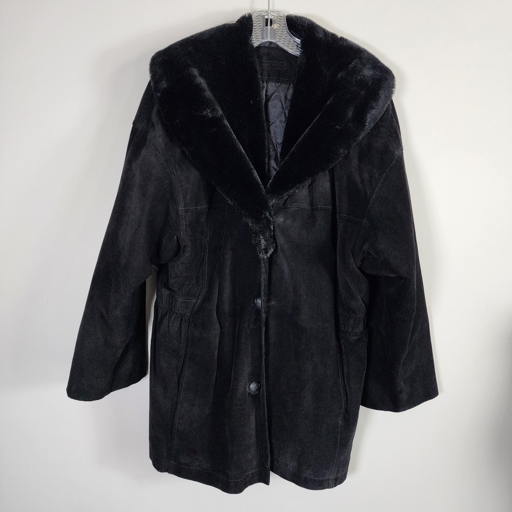 Black Suede Leather Coat Faux Fur Trim Womens Medium Penny Lane Luxury Vintage